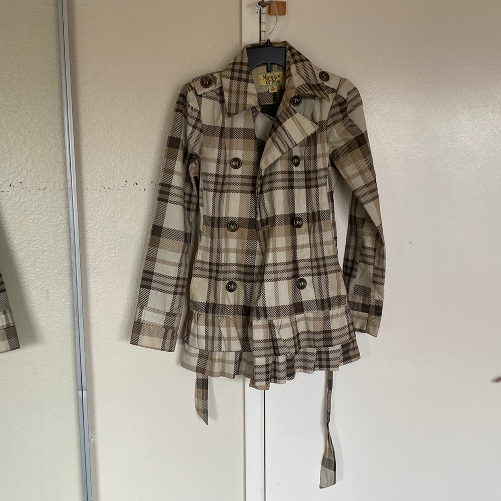 MARALYN & ME plaid neutral raincoat with ruffles & belt